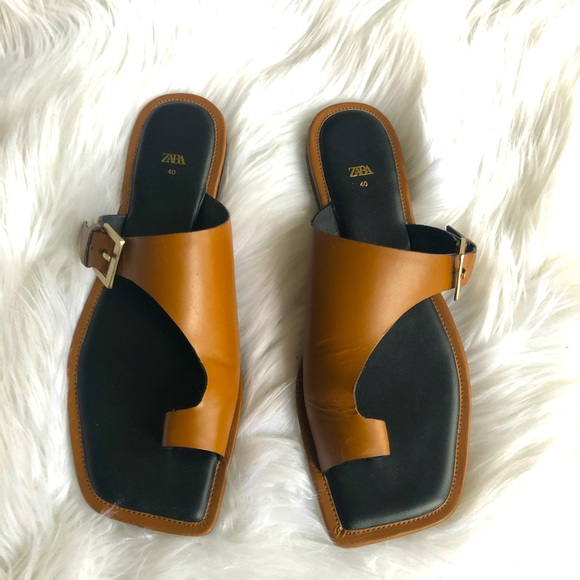Zara Caramel Sandals Square Slides - Picture 2 of 10